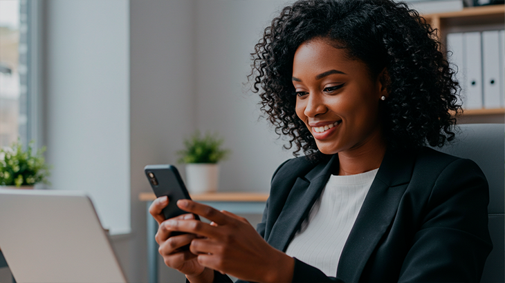 Mulher na frente do computador olhando para o celular
