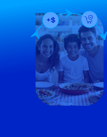 Família sorrindo à mesa com ícones de economia e benefícios.