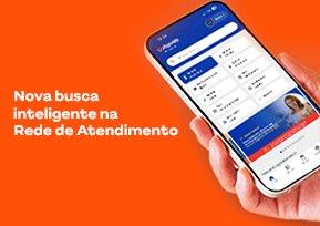 Celular com app Hapvida e texto sobre nova busca inteligente