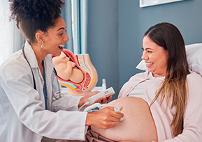 Uma médica realiza um ultrassom em uma mulher grávida, que sorri enquanto observa a tela durante a consulta.